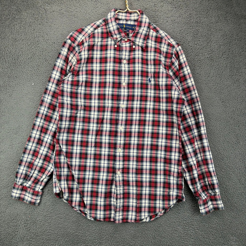 Polo Ralph Lauren Mens Medium Custom Fit Plaid Button Down Shirt Red White Blue